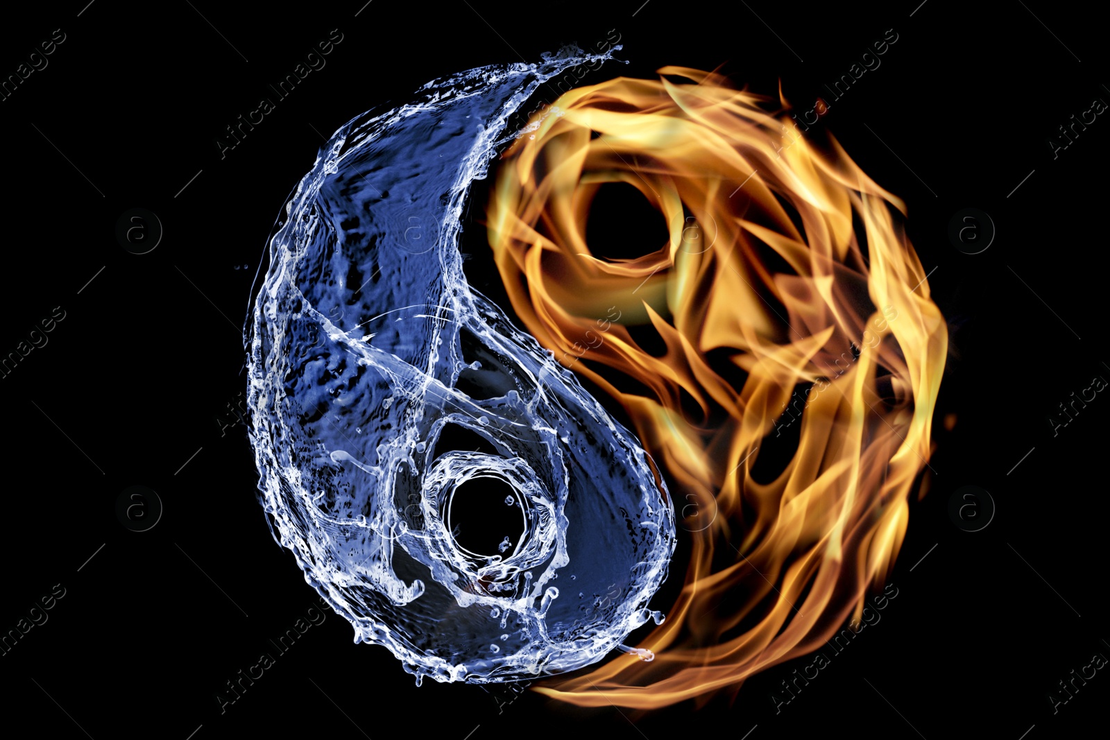 Image of Fire flames and water splashes resembling Yin Yang symbol on black background. Feng Shui philosophy