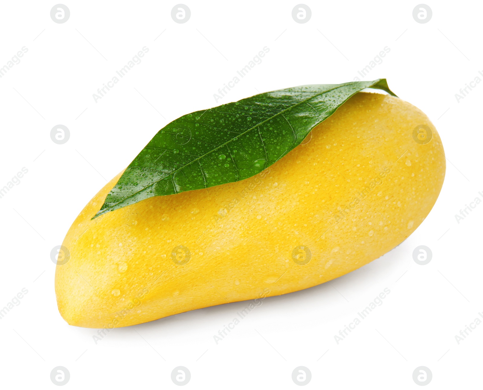 Photo of Fresh ripe mango with green leaf isolated on white