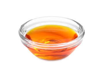 Photo of Glass bowl with orange food coloring isolated on white