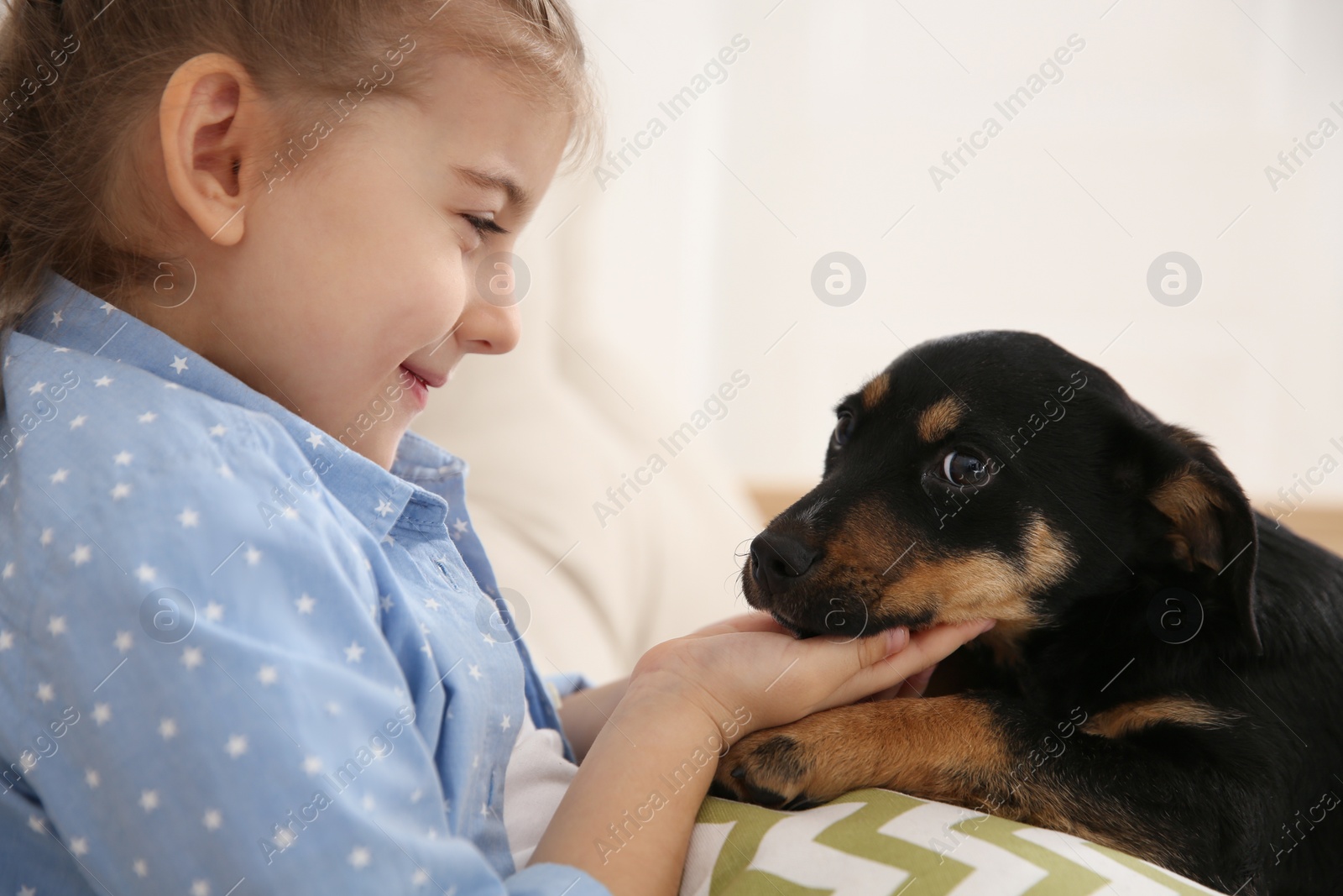 Photo of Little girl with cute puppy sitting on sofa indoors