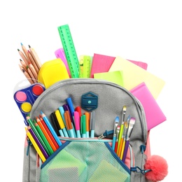 Grey backpack with different school stationery on white background, top view