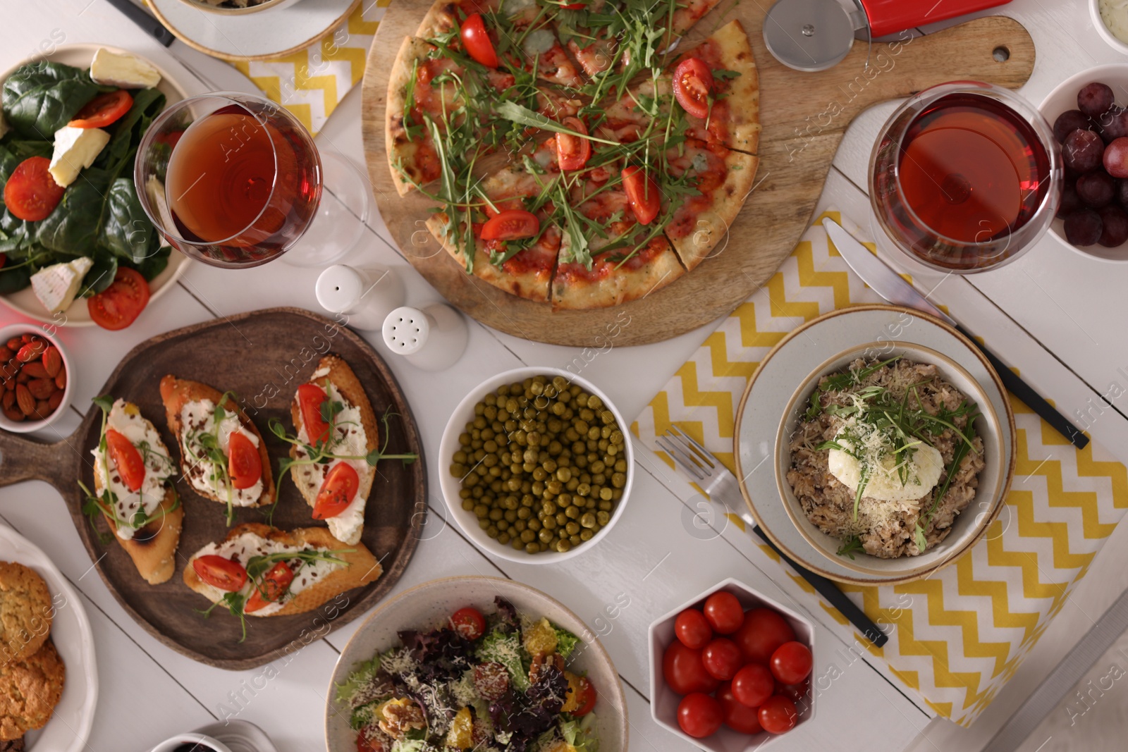 Photo of Many different dishes served on buffet table for brunch, flat lay