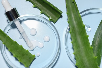 Petri dishes with cosmetic products, pipette and aloe vera leaves on light blue background, flat lay