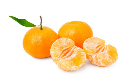 Photo of Fresh ripe juicy tangerines with green leaf on white background