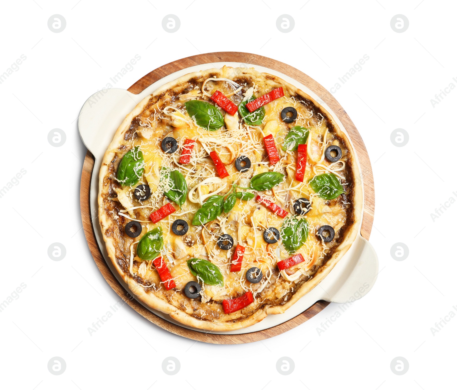 Photo of Wooden board with delicious homemade pizza on white background, top view