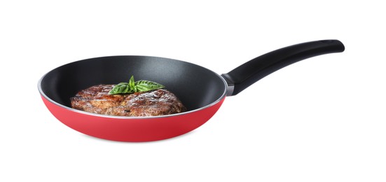 Tasty fried steak in pan isolated on white