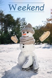 Image of Happy Weekend. Funny snowman with hat, mittens and scarf in winter forest on sunny day