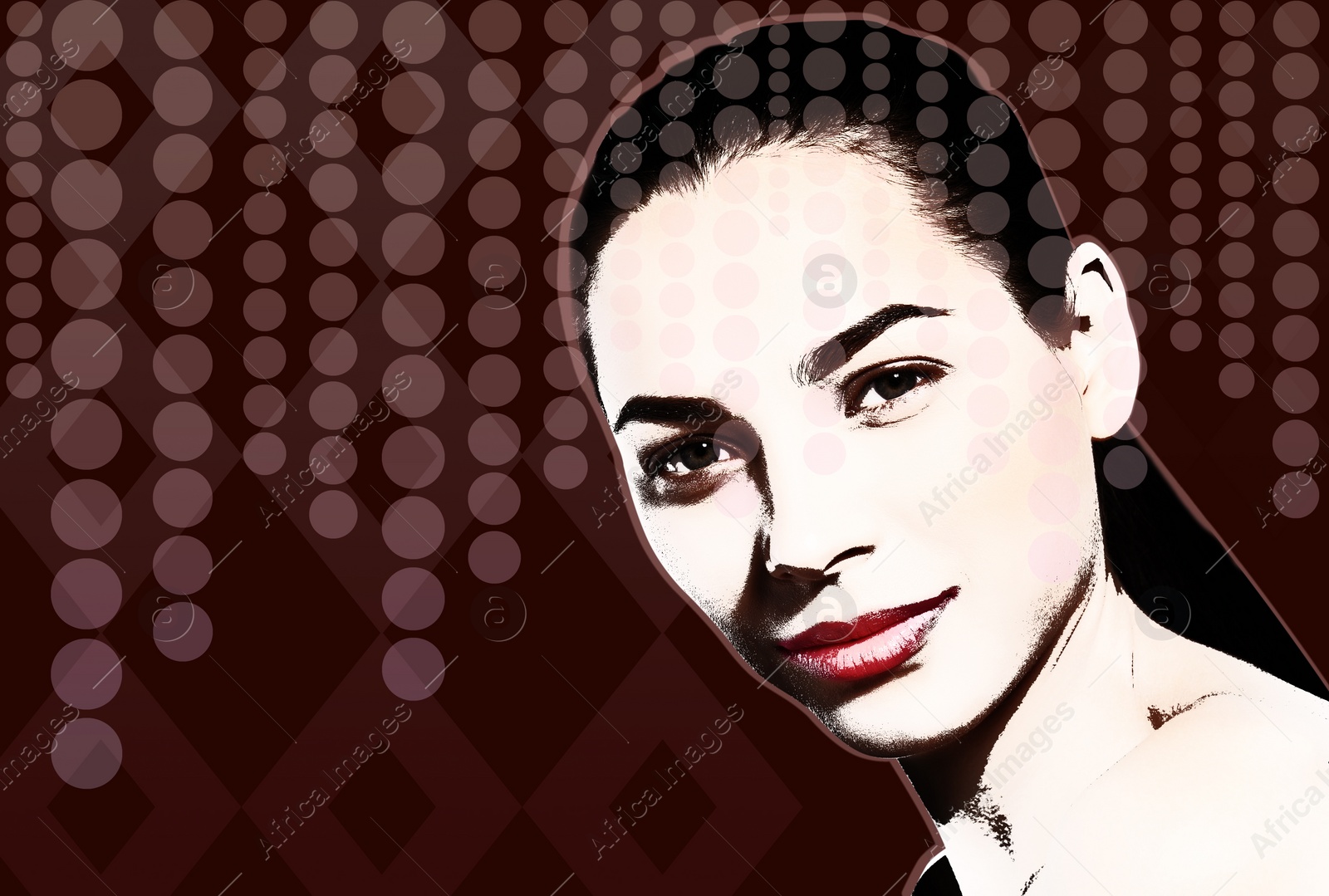 Image of Illustration of beautiful young model on color background. Contemporary art 