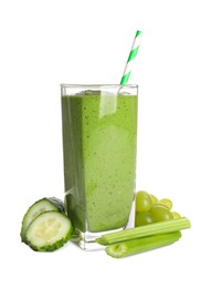 Photo of Glass of healthy detox smoothie and ingredients on white background