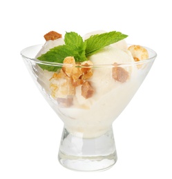 Delicious ice cream with caramel candies and  popcorn in dessert bowl on white background