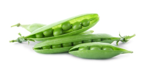 Photo of Delicious fresh green peas on white background