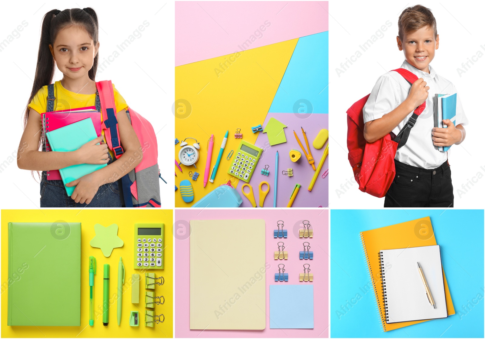 Image of Collage with photos of cute children and different stationery. Back to school