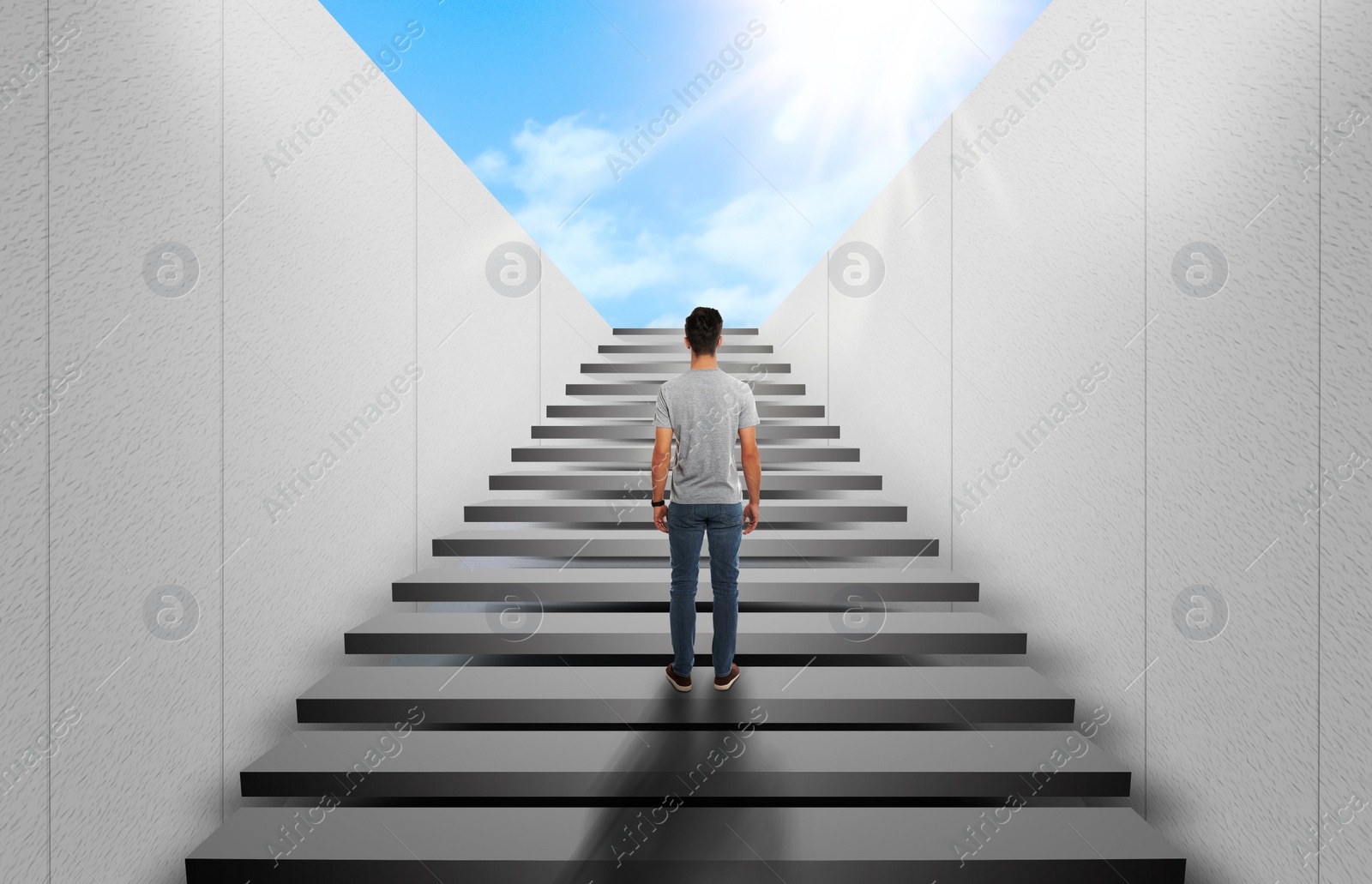 Image of Man standing on stairs and looking forward. Way to success