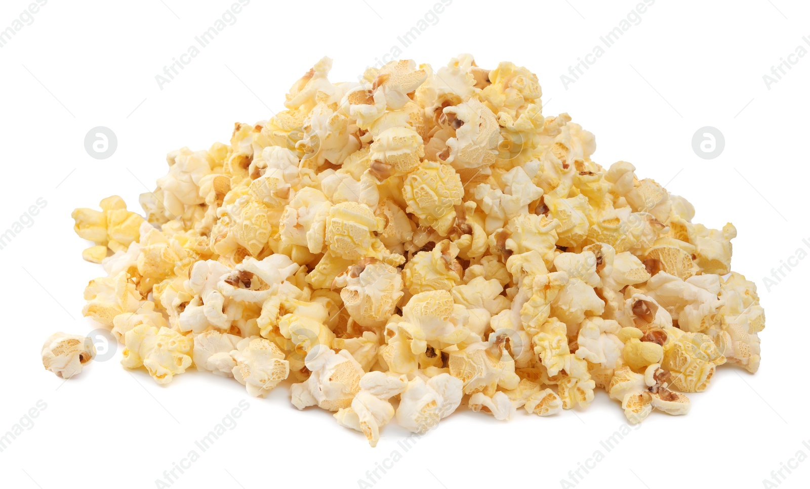 Photo of Pile of tasty fresh popcorn isolated on white