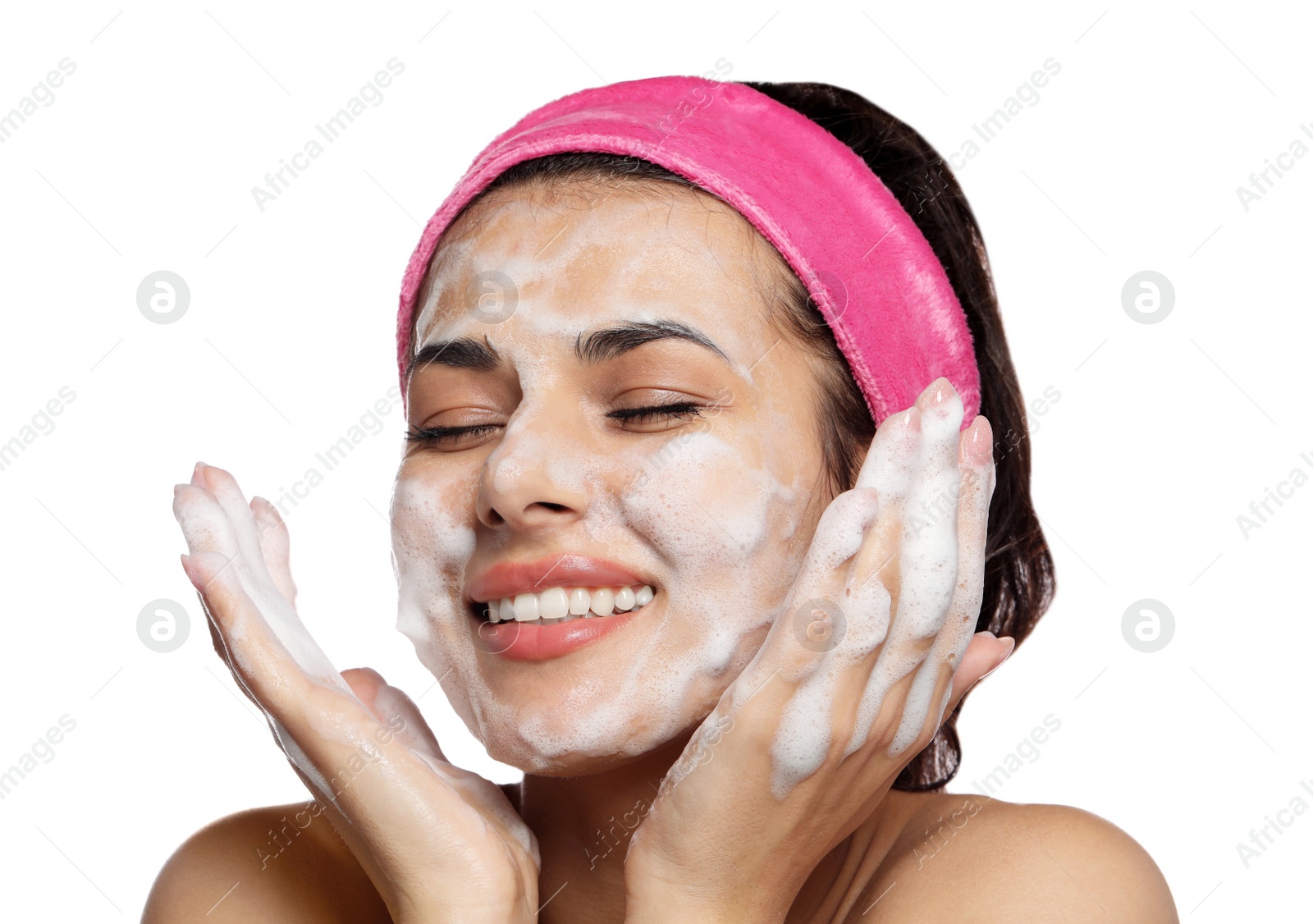 Photo of Beautiful woman applying facial cleansing foam on white background