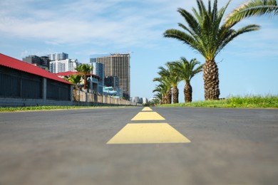 Bicycle lane with yellow dividing lines painted on asphalt, closeup