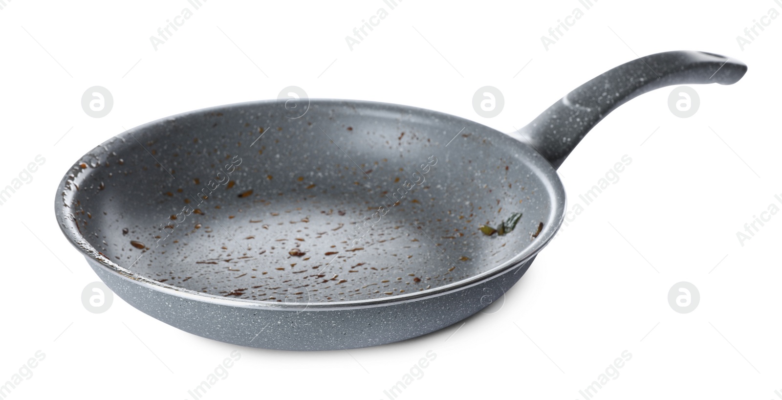 Photo of Dirty granite coating frying pan isolated on white