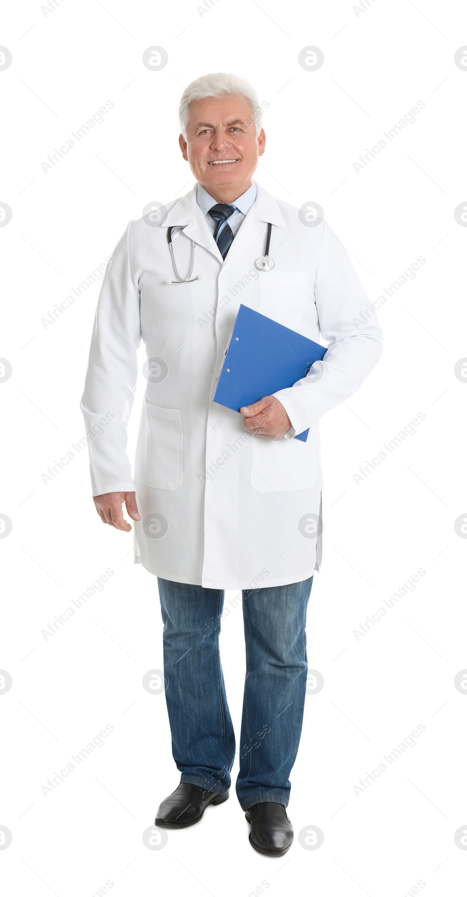 Photo of Full length portrait of senior doctor with clipboard on white background