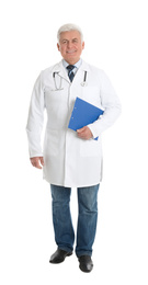 Photo of Full length portrait of senior doctor with clipboard on white background