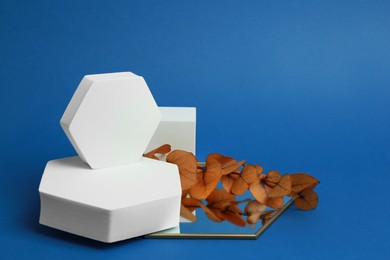 Photo of Product photography props. Geometric shaped podiums, plant and mirror on blue background, space for text