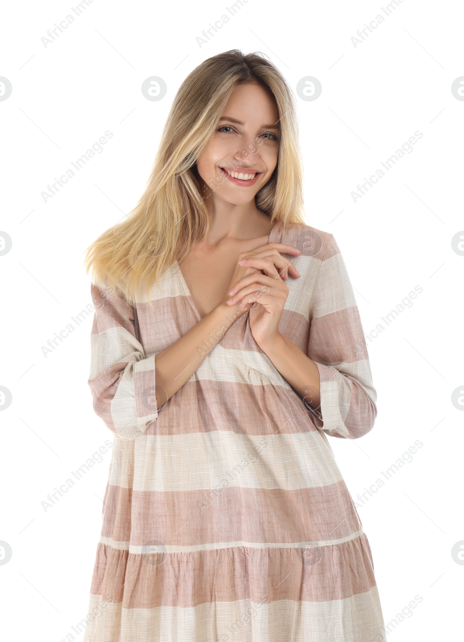 Photo of Young woman wearing stylish dress on white background