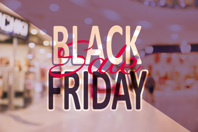 Blurred view of modern shopping mall interior. Black Friday Sale