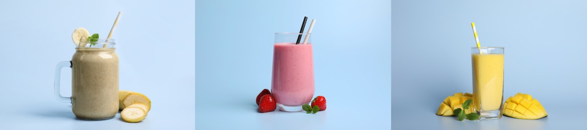 Collage with various smoothies on light blue background. Banner design