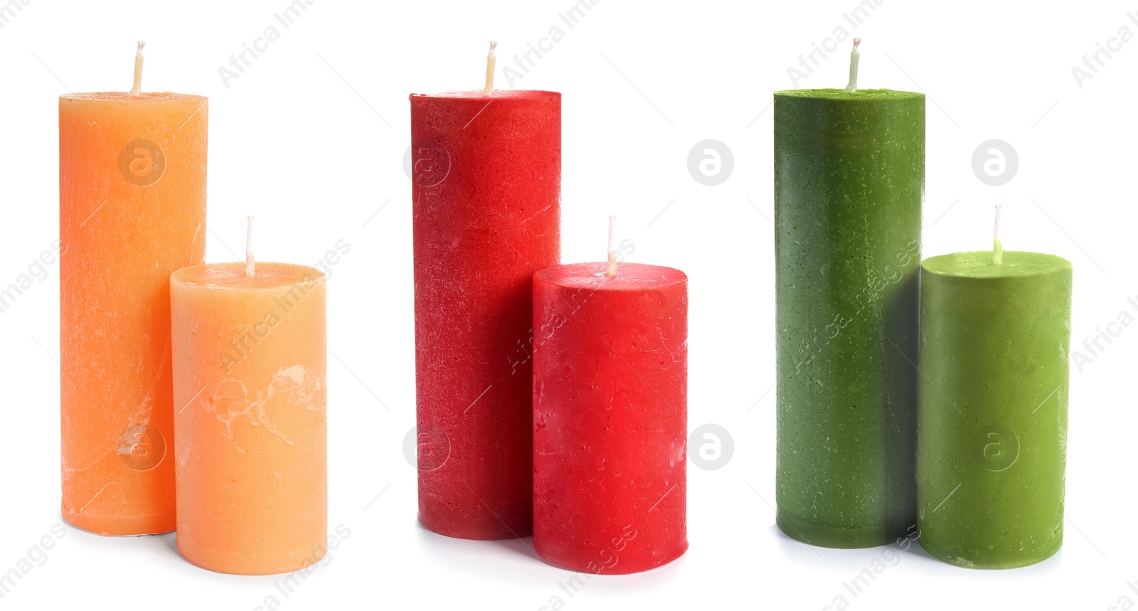 Image of Set of color wax candles on white background. Banner design