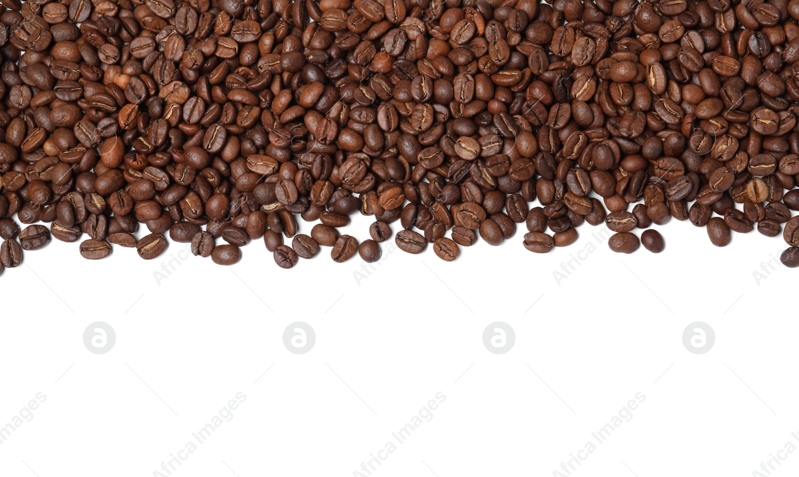 Photo of Many roasted coffee beans on white background, top view