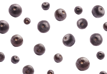 Image of Fresh acai berries falling on white background