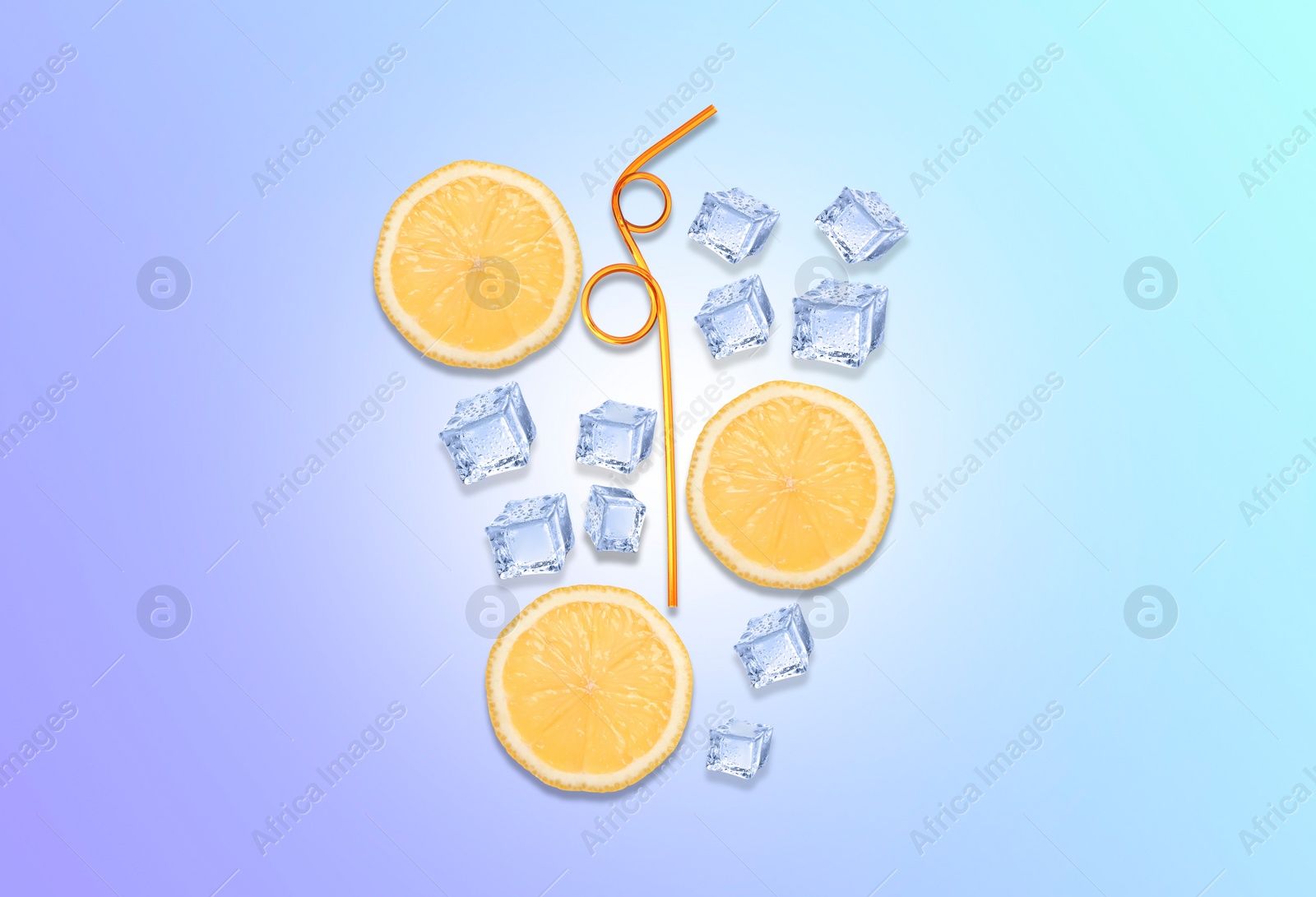 Image of Creative lemonade layout with lemon slices, ice cubes and straw on turquoise background, top view