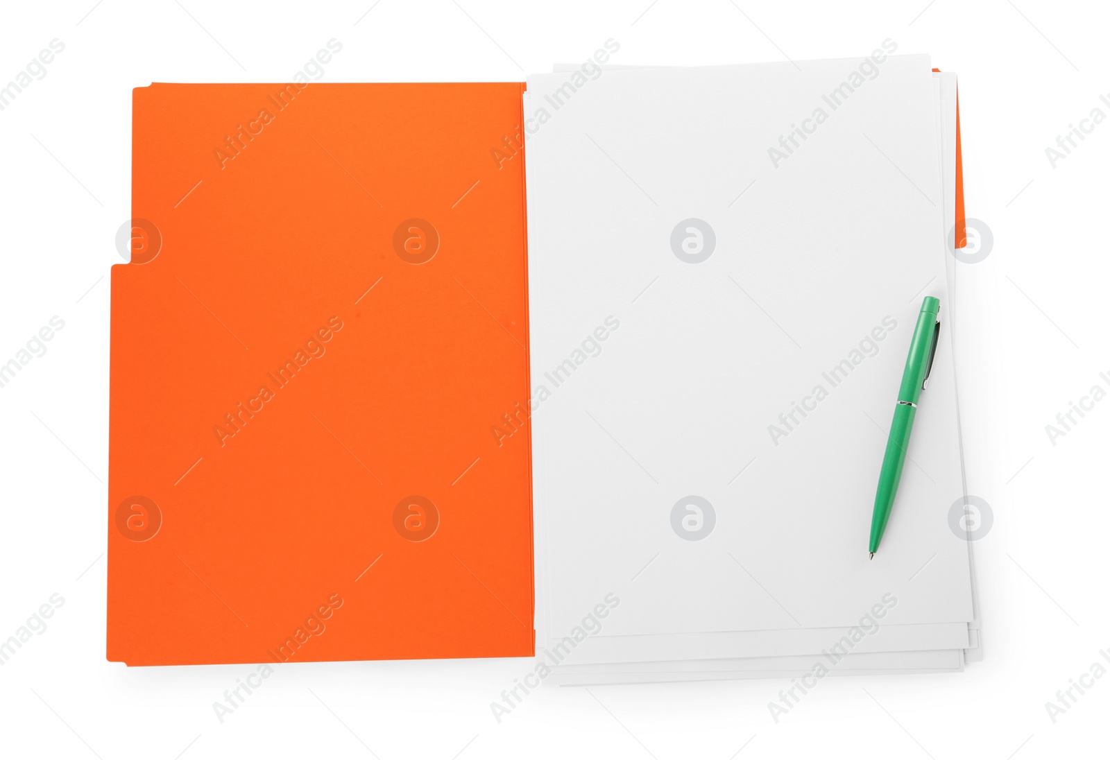 Photo of Orange file with blank sheets of paper and green pen isolated on white, top view. Space for design