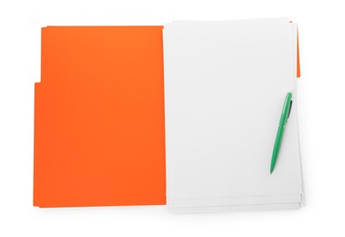Photo of Orange file with blank sheets of paper and green pen isolated on white, top view. Space for design