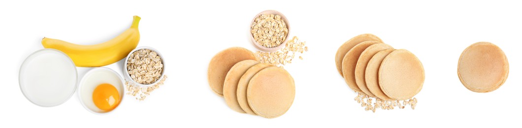 Image of Set with tasty oatmeal pancakes on white background, top view. Banner design