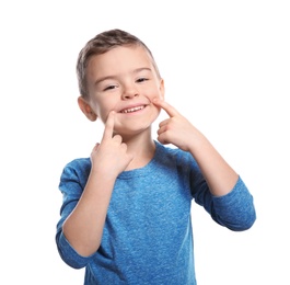 Little boy showing LAUGH gesture in sign language on white background