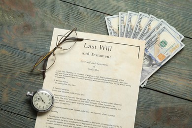 Photo of Last Will and Testament, glasses, pocket watch and dollar bills on rustic wooden table, flat lay