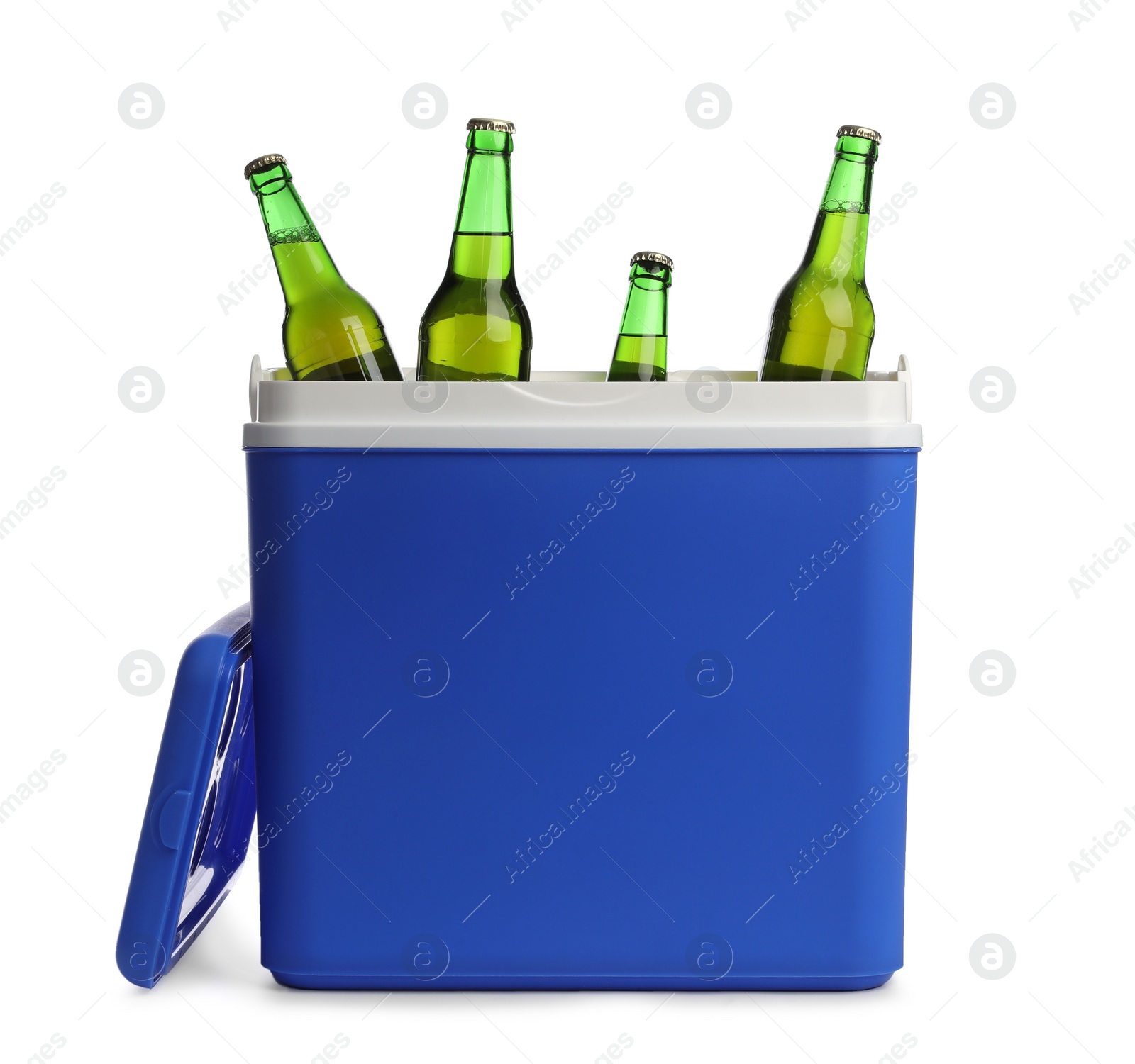 Photo of Blue plastic cool box with bottles isolated on white