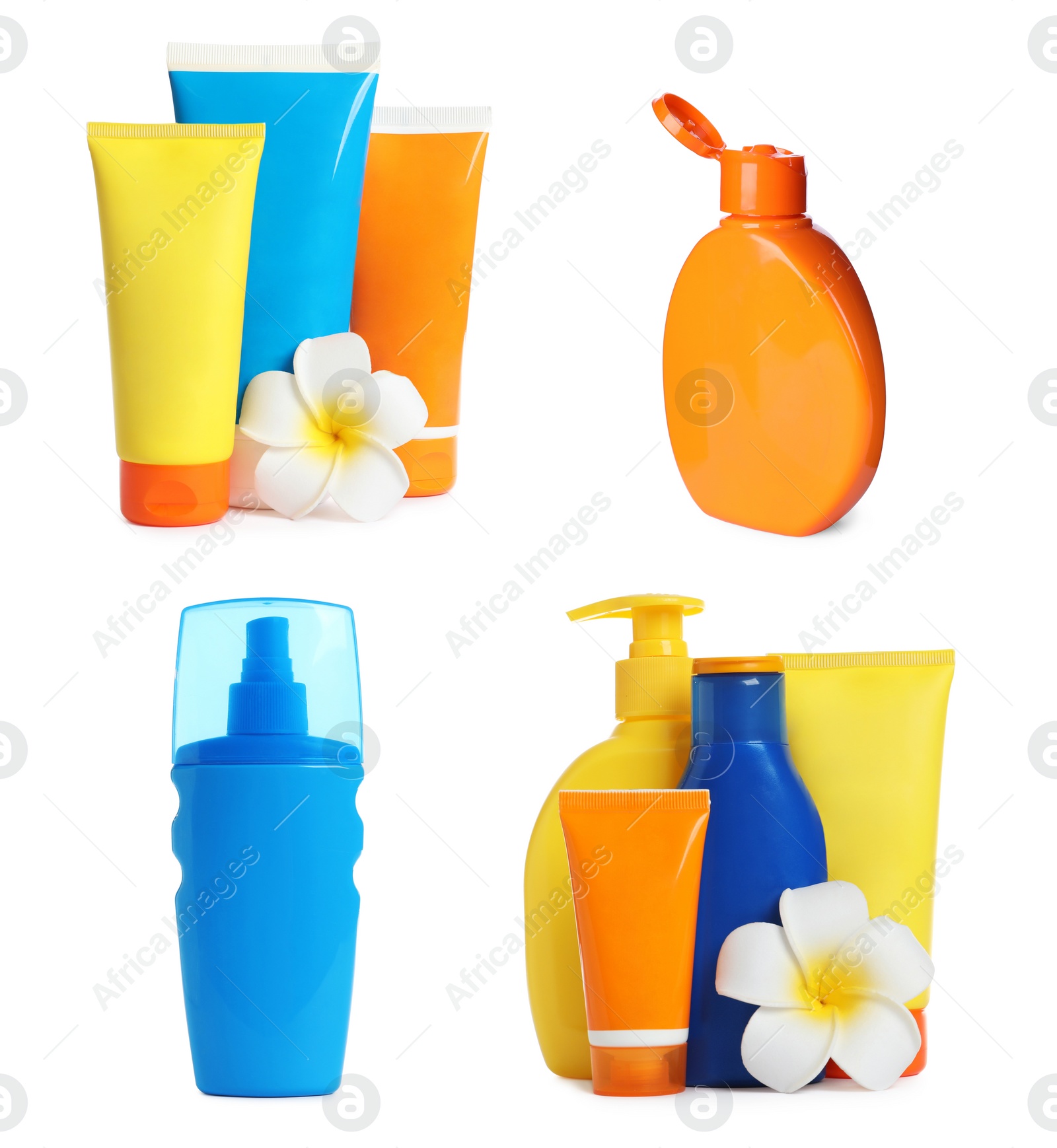 Image of Set with sun protection cosmetic products on white background