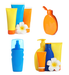 Set with sun protection cosmetic products on white background