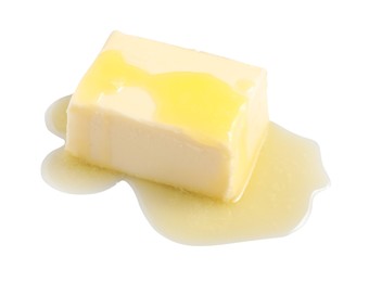 Photo of Piece of melting butter on white background