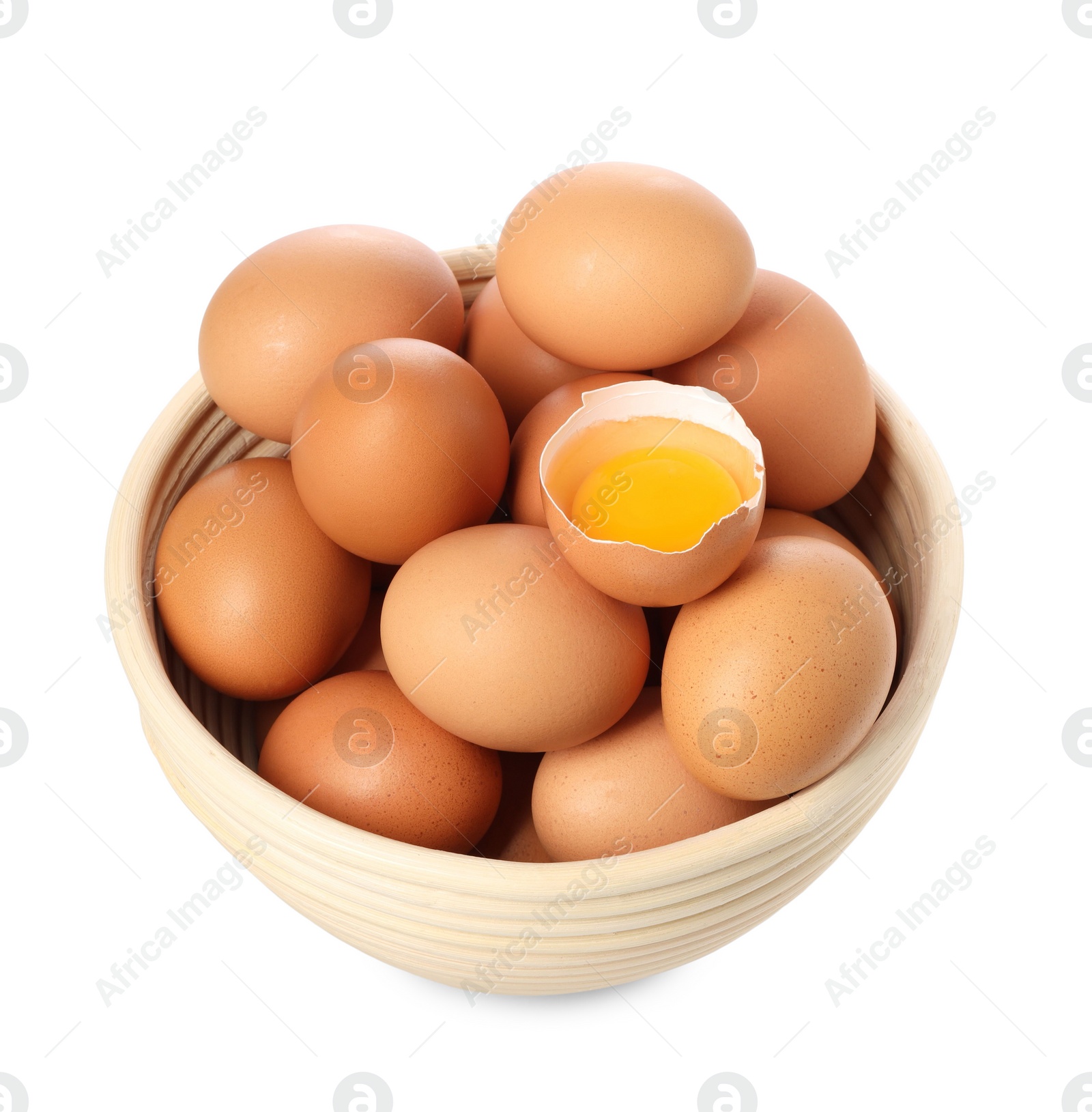 Photo of Chicken eggs in bowl isolated on white