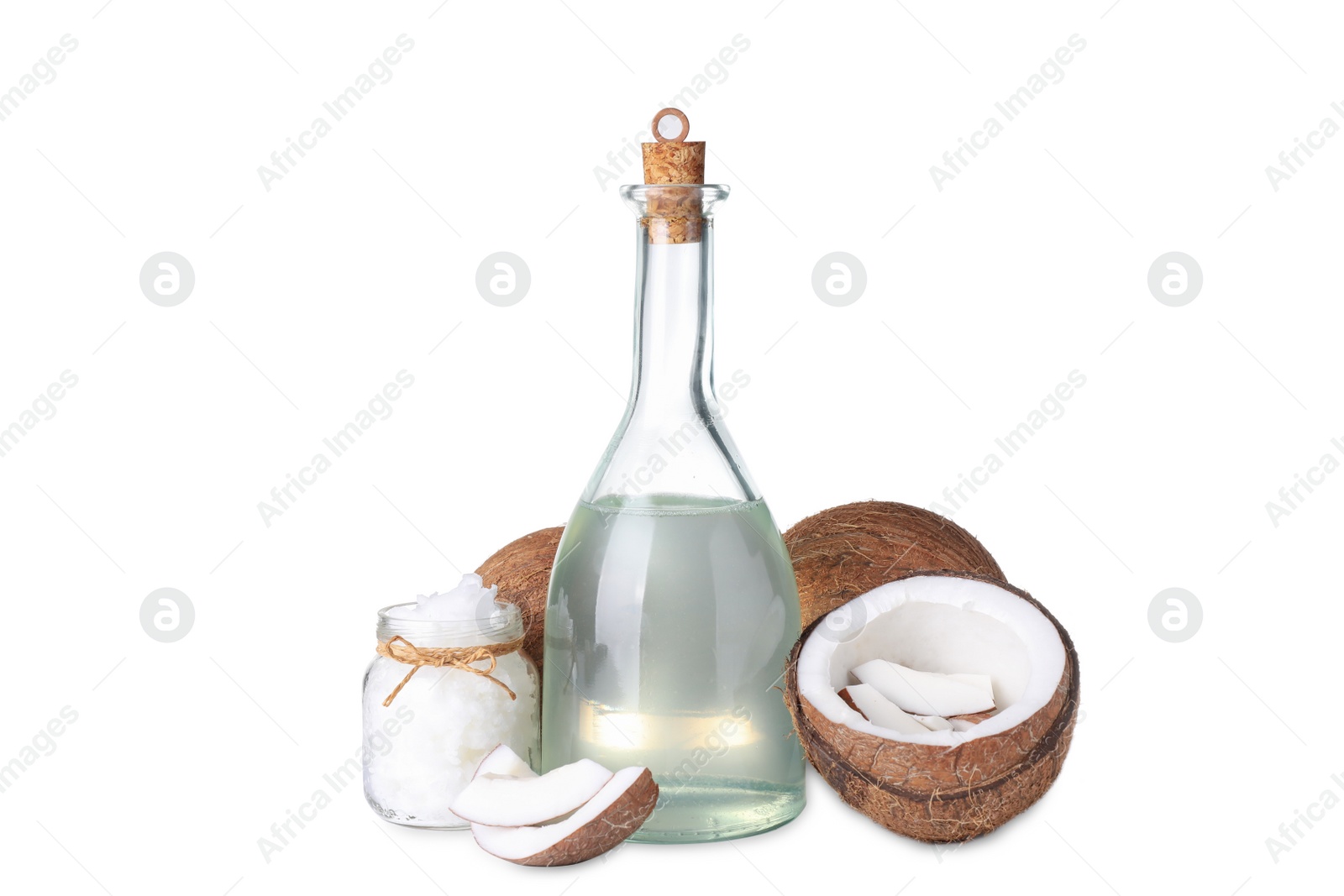 Photo of Composition with coconut oil on white background