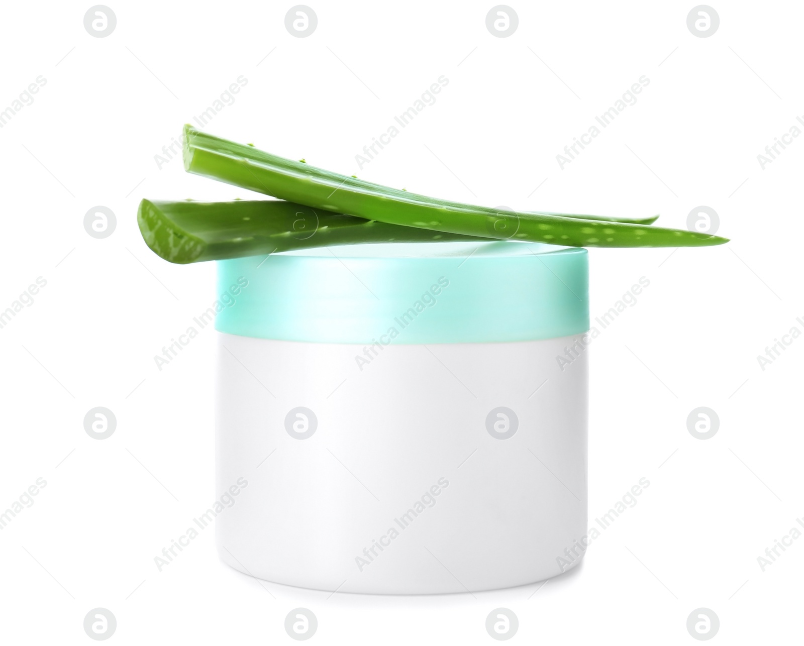 Photo of Jar with aloe vera balm and fresh leaves on white background