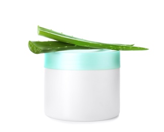 Photo of Jar with aloe vera balm and fresh leaves on white background