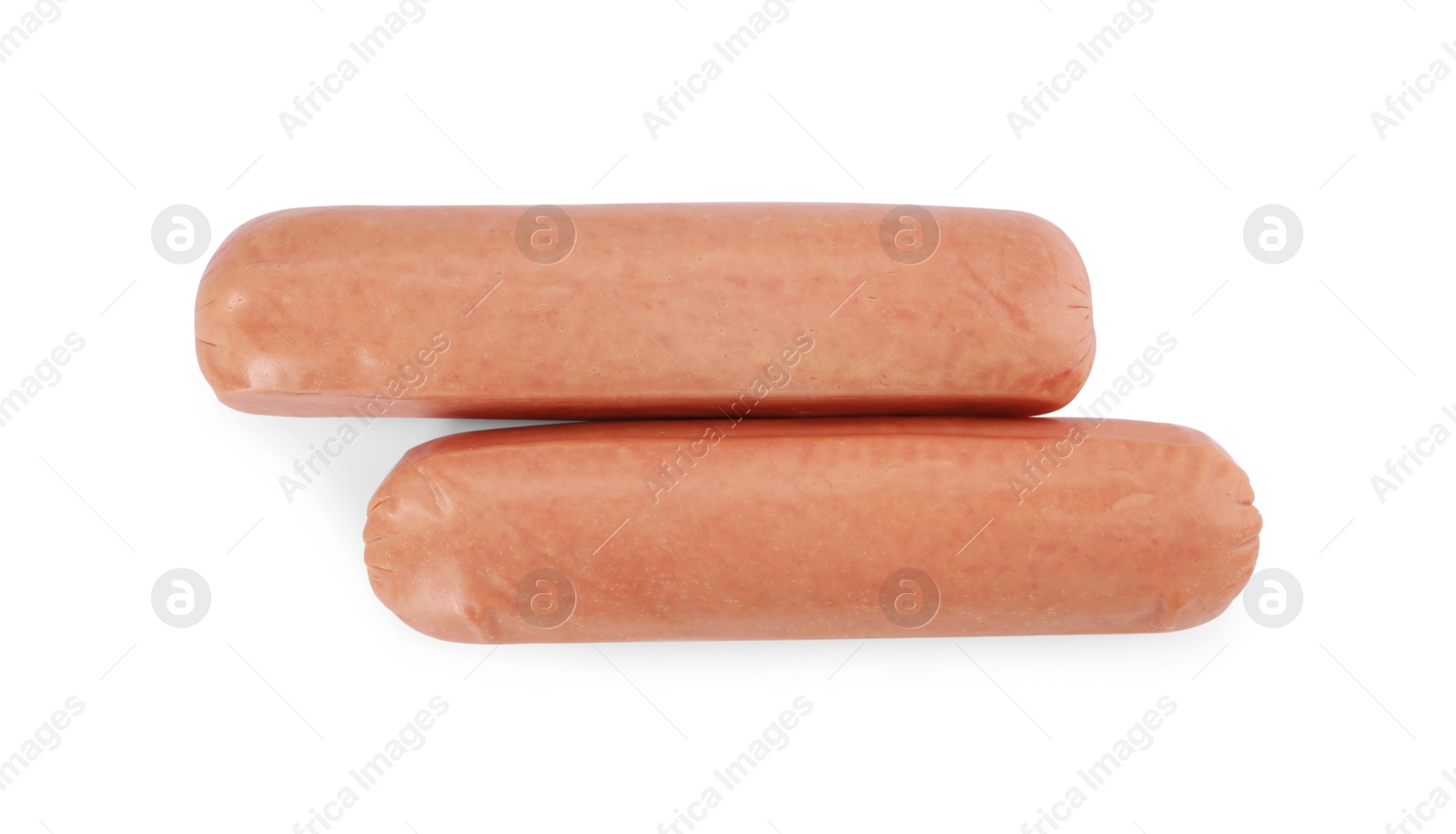 Photo of Raw sausages isolated on white, top view. Vegan meat product