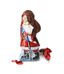Sweet chocolate Santa Claus candy in slightly open foil wrapper isolated on white