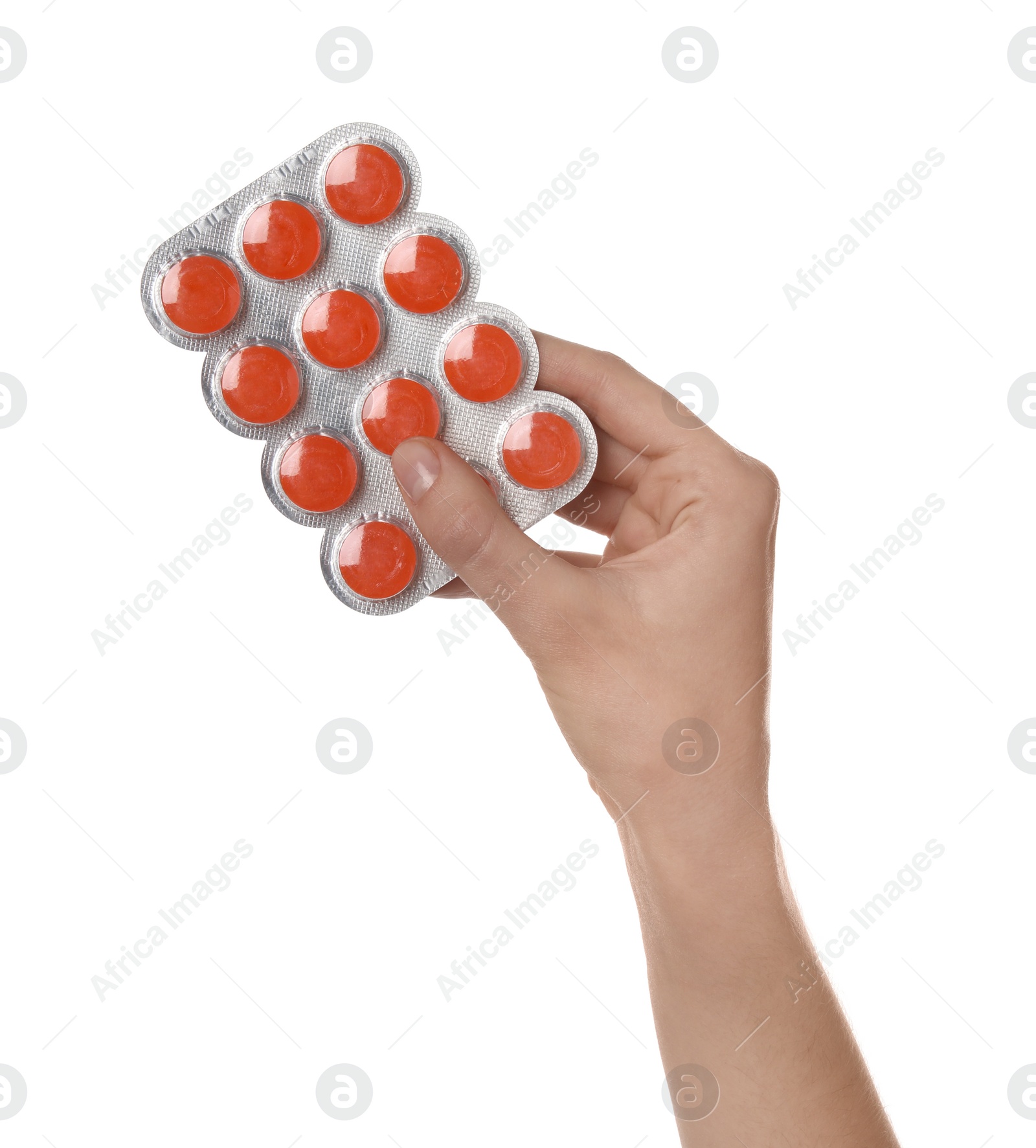 Photo of Woman holding blister with cough drops on white background, closeup