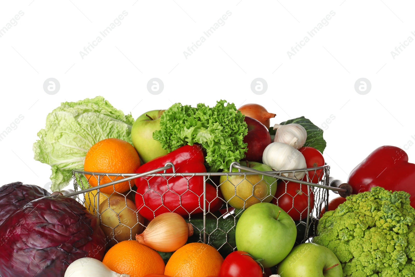 Photo of Basket with fresh fruits and vegetables isolated on white