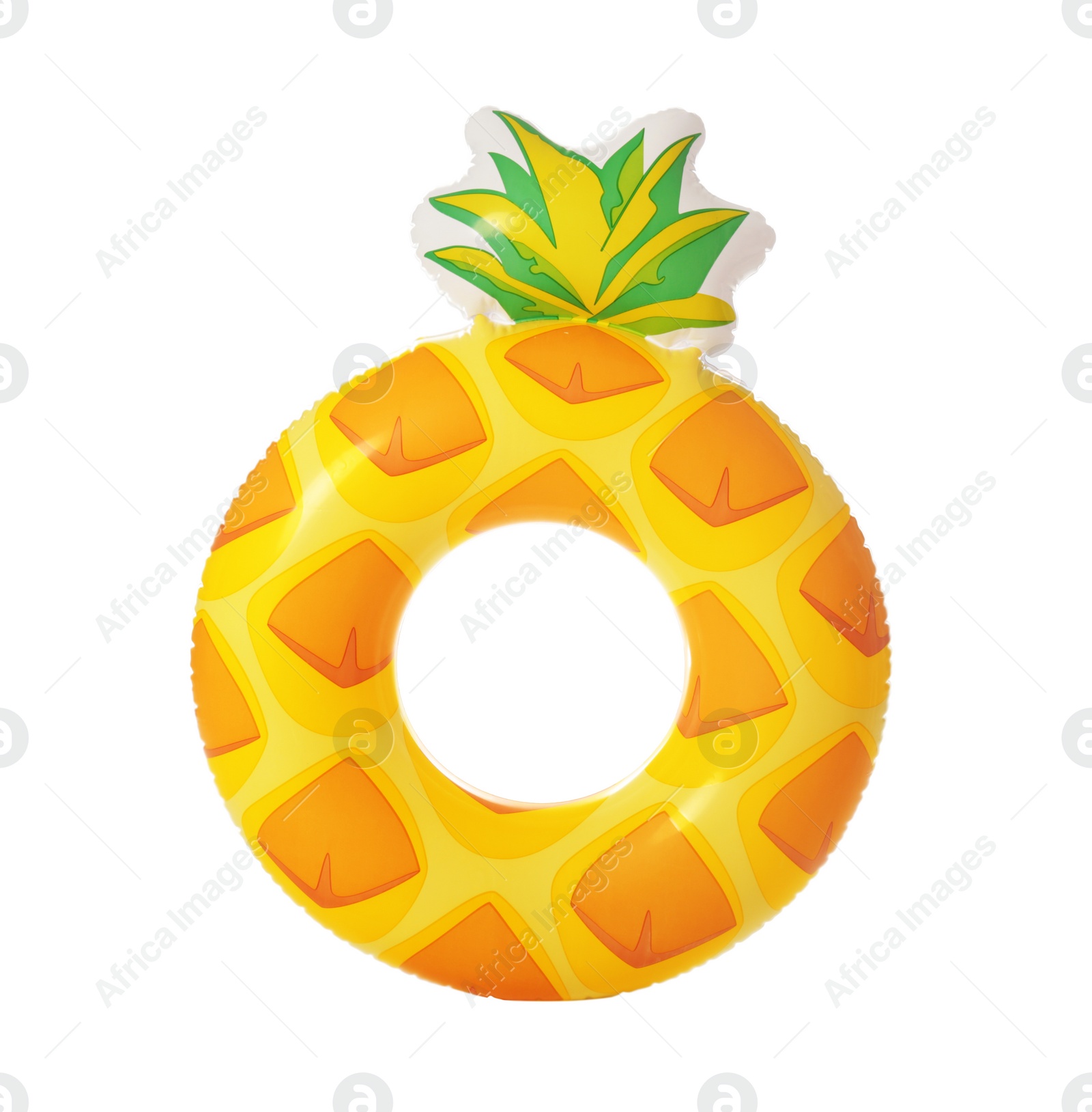 Photo of Bright inflatable ring in shape of pineapple on white background. Summer holidays