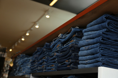 Collection of stylish jeans on shelf in shop